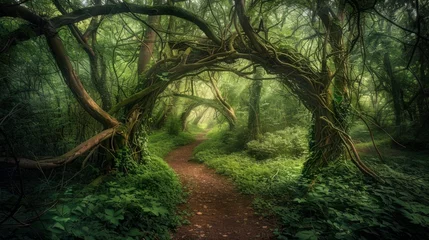 Abwaschbare Fototapete A meandering path cutting through a dense, green forest filled with twisted branches and vines © Ilia Nesolenyi