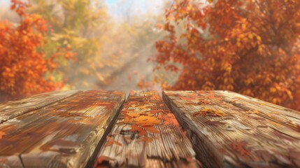 Vibrant autumn leaves scattered on a rustic wooden surface with a blurred forest in the golden fall backdrop. - obrazy, fototapety, plakaty