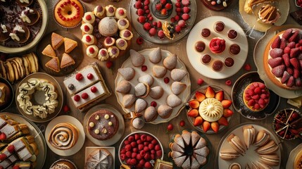 A diverse selection of delectable desserts displayed on a table, showcasing an array of flavors, colors, and textures - obrazy, fototapety, plakaty