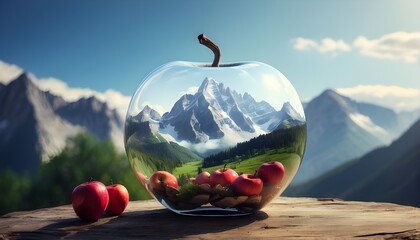 Provide a creative prompt with a glass apple and a mountainous landscape.