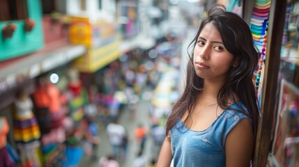 Young South American woman standing in front of a store window in a bustling city - obrazy, fototapety, plakaty