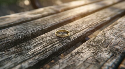 A gold wedding ring is delicately placed on a weathered wooden bench, basking in the warm sunlight. copy space for text.
