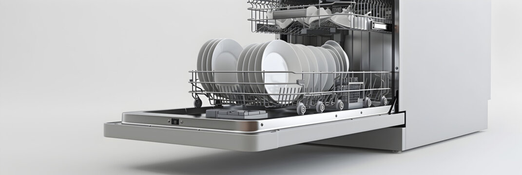   A fully loaded dishwasher filled with a variety of dishes. Perfect for illustrating household chores and cleanliness, Modern dishwasher on  white transparent background, open dishwasher machine  