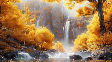Beautiful autumn landscape with yellow trees and waterfall. copy space for text.