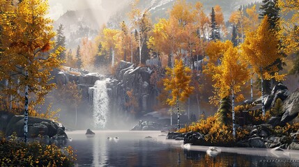 Beautiful autumn landscape with yellow trees and waterfall. copy space for text.