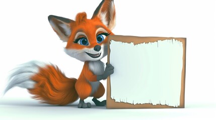 Cheerful cartoon fox holding a blank wooden sign, ideal for advertising and announcements.