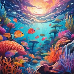 Fototapeta na wymiar a whimsical underwater scene with colorful coral reefs and exotic fish.