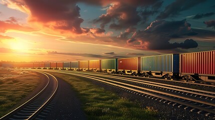 Logistics by Rail: Freight Train Carrying Containers at Sunset. copy space for text.