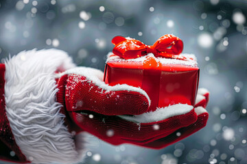 Santa's gloved hand clutching a vibrant red holiday gift