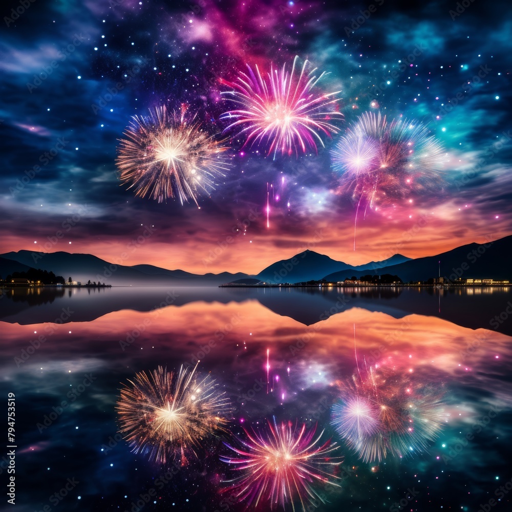 Poster A fireworks display reflected in the calm waters of a lake, creating a mesmerizing mirror image of the vibrant colors,