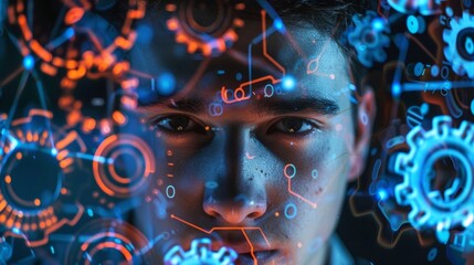 A closeup portrait of an engineer with gears and circuitry patterns incorporated in the background representing the merging of mechanical and electrical engineering. .