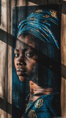 Portrait of a young African girl with a blue headscarf, looking pensive.