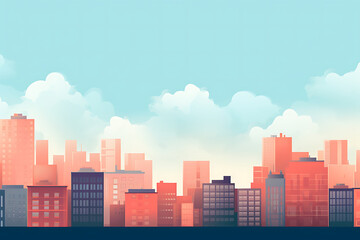 Warm-toned illustrated cityscape with a variety of buildings under a soft, cloudy sky at sunset. Generative AI