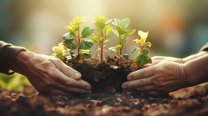 Fototapeta premium A close-up photo of a senior couple gardening together, their hands working in unison