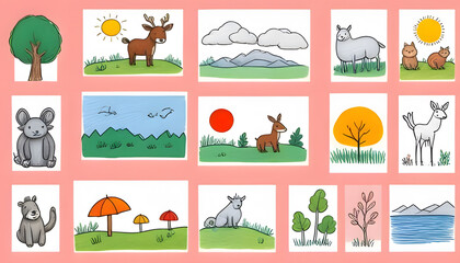 Obraz premium Felt pen vector illustrations set of child drawings sketch. Art supplies, animals and nature