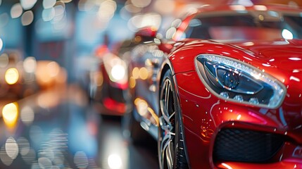 New cars display in luxury showroom with light bokeh in motor show event. Blurred Background of...