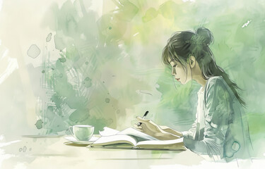 Woman, writing and watercolor illustration or drawing of morning reading as wallpaper, background or notebook. Female person, pen and studying artist with tea cup for relax, painting or planning - obrazy, fototapety, plakaty