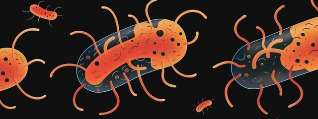 Animated bacteria characters floating on a dark background, educational concept art.