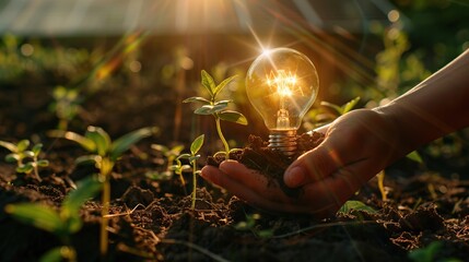 Fototapeta premium Renewable energy light bulb with green energy, Earth Day or environment protection Hands protect forests that grow on the ground and help save the world, solar panels. copy space for text.