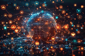 A globe encircled by swirling lines connecting user profiles, emoticons, and multimedia icons, illustrating the global reach and connectivity of social media platforms