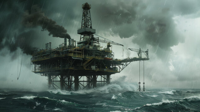 An offshore Oil rig out at sea on a stormy day