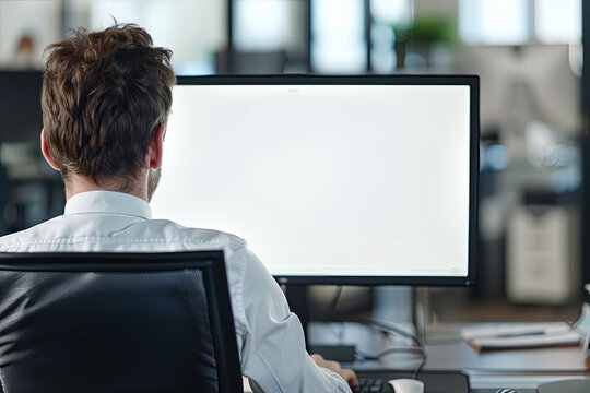 Businessman operating a computer workstation, viewed from behind to showcase the blank monitor display