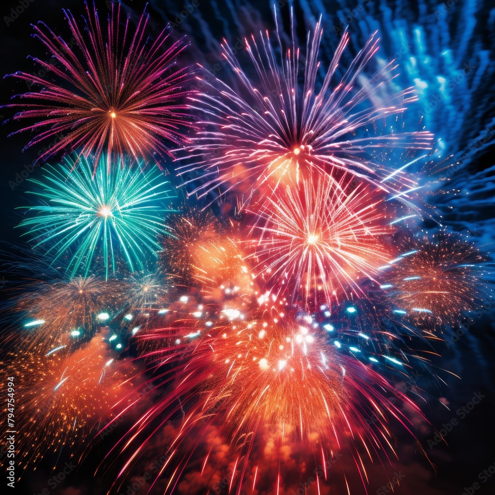 Poster A close-up view of a fireworks display, showcasing the intricate details of the exploding bursts of light and color,