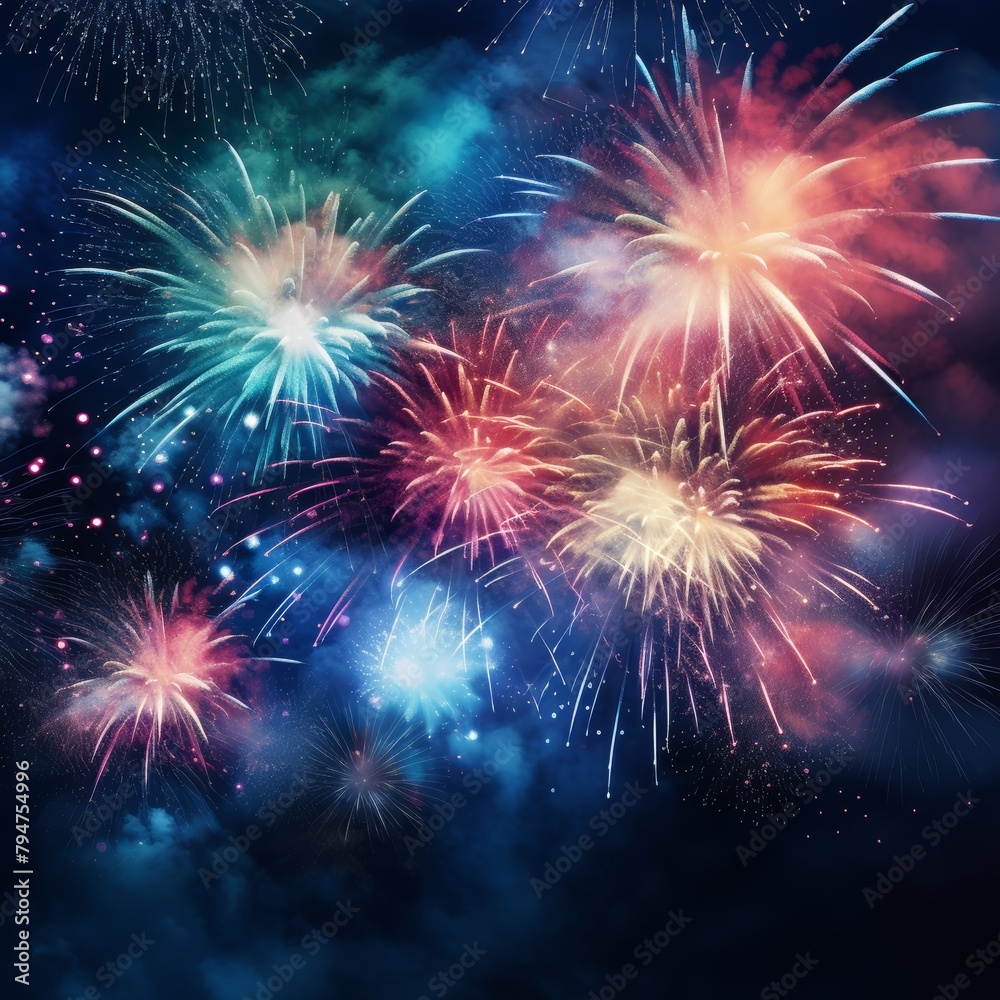Poster A close-up view of a fireworks display, showcasing the intricate details of the exploding bursts of light and color,