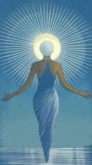 Silhouetted figure with a radiant halo walking on water, spiritual or inspirational concept.