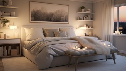 A cozy bedroom with a plush bed, soft lighting, and a calming color palette, creating an inviting retreat.
