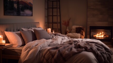 A cozy bedroom with a plush bed, soft lighting, and a calming color palette, creating an inviting retreat.