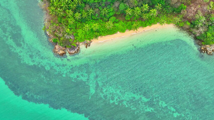 An aerial glimpse of a mesmerizing tropical seascape, where azure waters caress pristine beaches,...