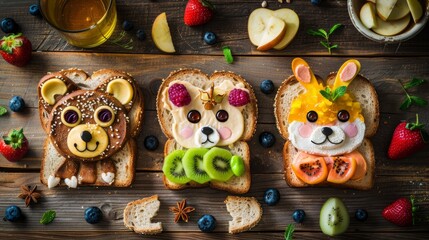 A close-up of sandwiches on a wooden table, creatively decorated with fruits and spreads to resemble animal characters
