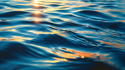 a serene blue body of water reflects the warm glow of the sun as it sets in the distance