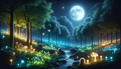Night forest with waterwall and nature beauty
