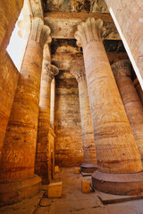 Magnificent decorated floral columns in the Hypostyle gallery in the Temple of Horus at Edfu built...