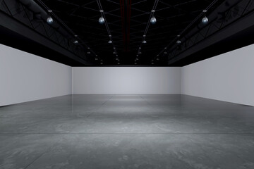 Empty room exhibition centre.The backdrop for exhibition stands, booth,market,trade show.Conversation for activity,meeting.Arena for entertainment,event,sports.Indoor  for Factory,showroom.3d render.