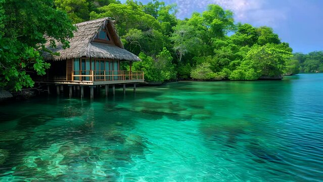 Beachside log cabin in summer under blue sky. seamless looping 4k video background