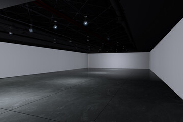 Empty room exhibition centre.The backdrop for exhibition stands, booth,market,trade show.Conversation for activity,meeting.Arena for entertainment,event,sports.Indoor  for Factory,showroom.3d render.