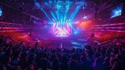 A packed indoor arena at a live music festival, filled with a lively crowd illuminated by bright lights