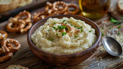 A wooden bowl filled with creamy mashed potatoes and crunchy pretzels on a rustic wooden table - obrazy, fototapety, plakaty
