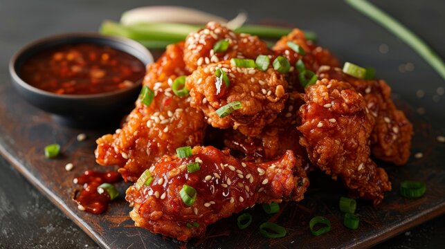 High-angle view of Korean fried chicken wings on a plate, topped with sauce and green onions