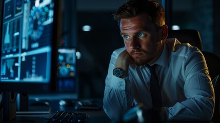 A man in professional attire sits in front of a computer monitor, deeply engrossed in analyzing data