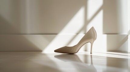 A high heeled shoe elegantly sits on the floor in front of a window, showcasing a modern design and chic allure