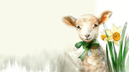 Watercolor painting of a lamb with a green bow in a spring field with daffodils. - obrazy, fototapety, plakaty