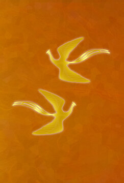 飛翔する金色の２羽の鳳凰またはフェニックス　オレンジ色の背景