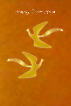 飛翔する金色の２羽の鳳凰　縁起物　初日の出　十二支　干支　酉年　年賀状デザイン　オレンジ色の背景