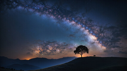 A tall, thin tree stands on a hill against a backdrop of a starry night sky.

 - obrazy, fototapety, plakaty