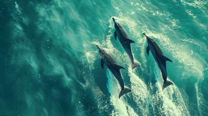 Three dolphins swim and interact in the vibrant turquoise ocean waves