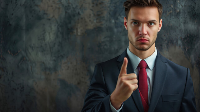 Focused businessman in a suit making a warning gesture with a serious expression.